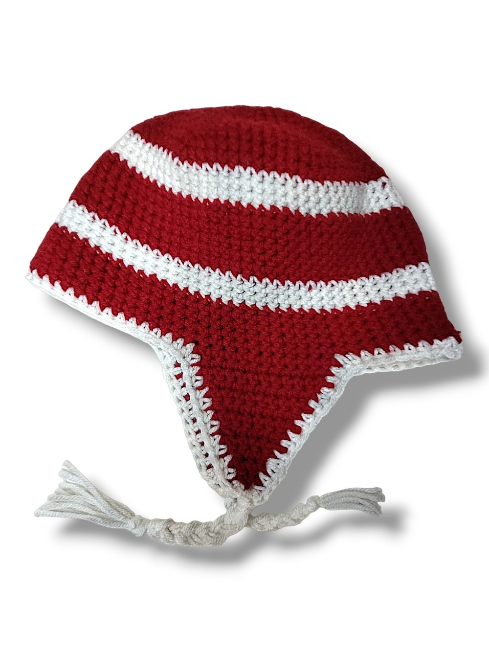 Hand Crafted Fire Truck Red and White Striped Crochet Earflap Hat NWOT - Picture 4 of 5